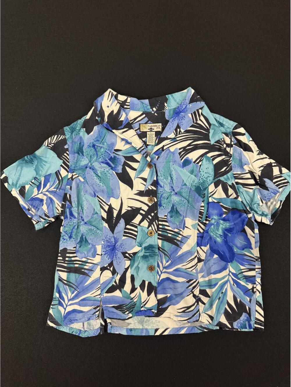 Women's Caribbean Joe Blue Floral Rayon Button-Up Shirt Large